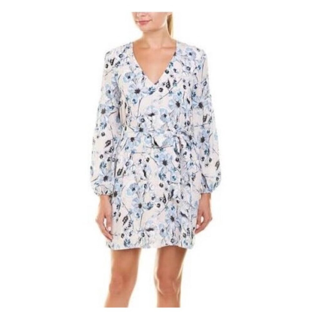 Parker Tie Waist Pink Floral Mini Dress Bishop Sleeve V-Neck Size XS